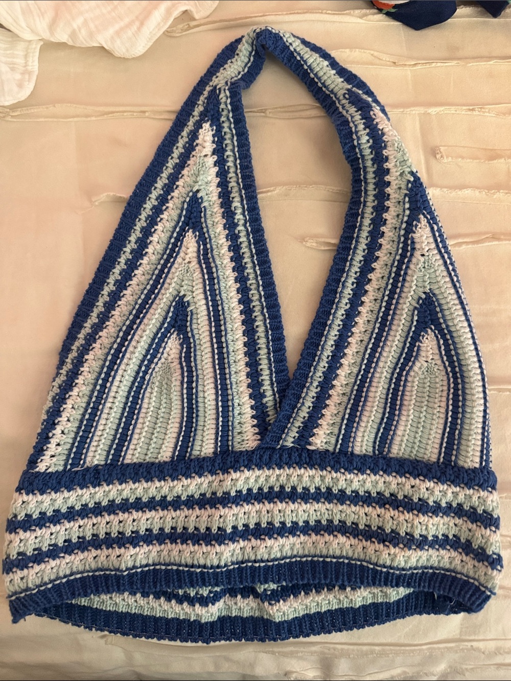 Blue & Light Blue Striped Crochet Halter Top